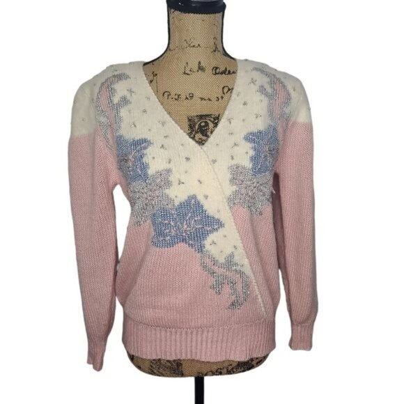 Vintage 90s Dana Scott Wool Pastel Pink Bedazzled Sweater - Picture 1 of 13